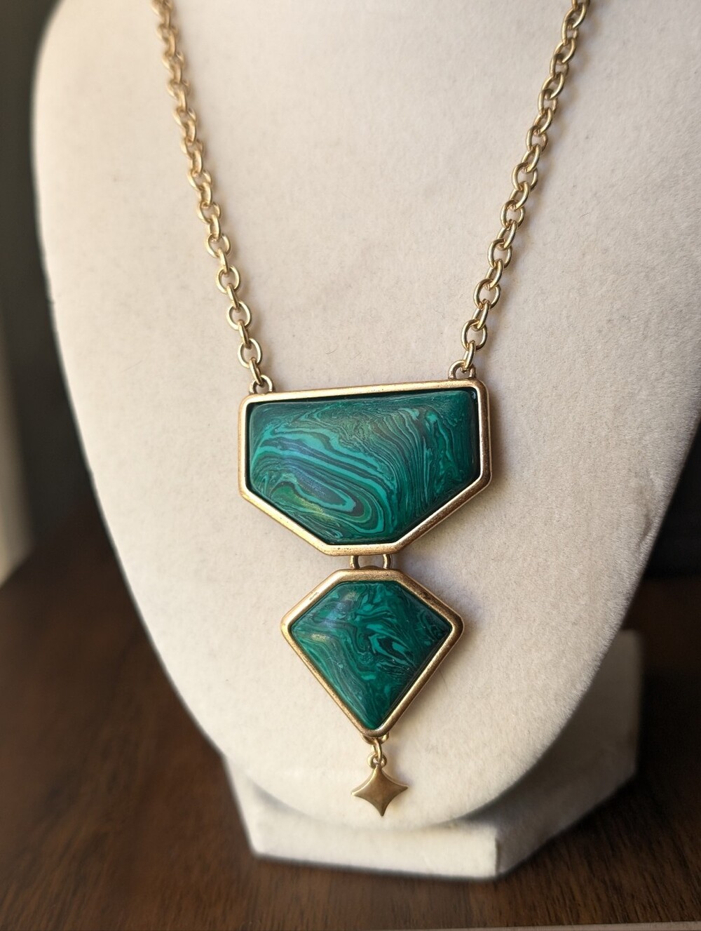 Vintage Necklace with Teal Marbled Geometric Double Pendant